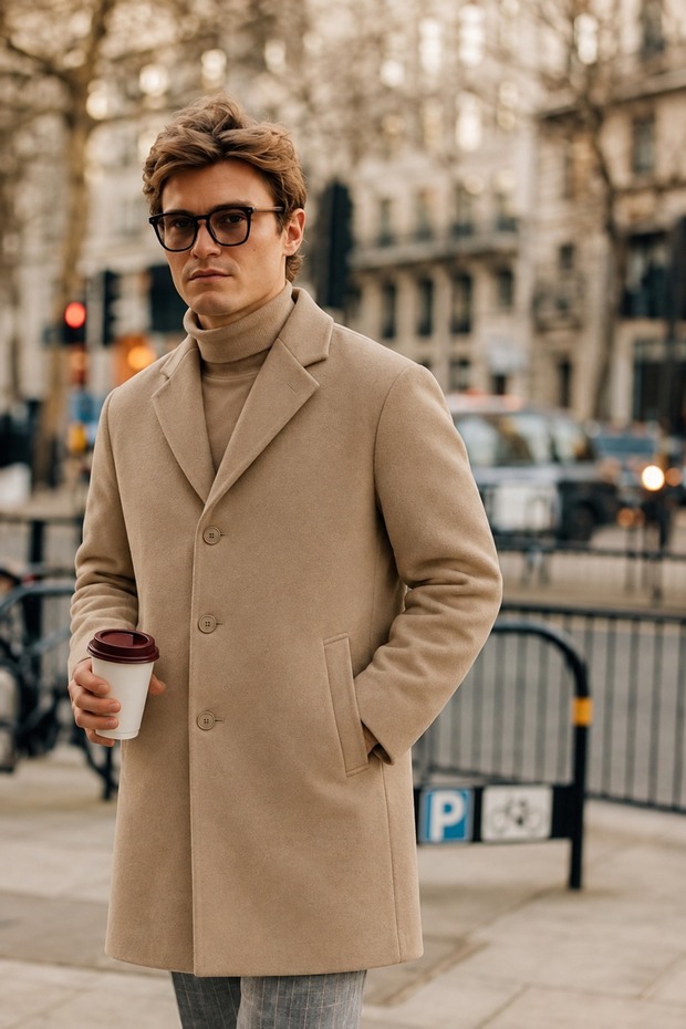 Men's Classic Collar Casual Long Camel Coat