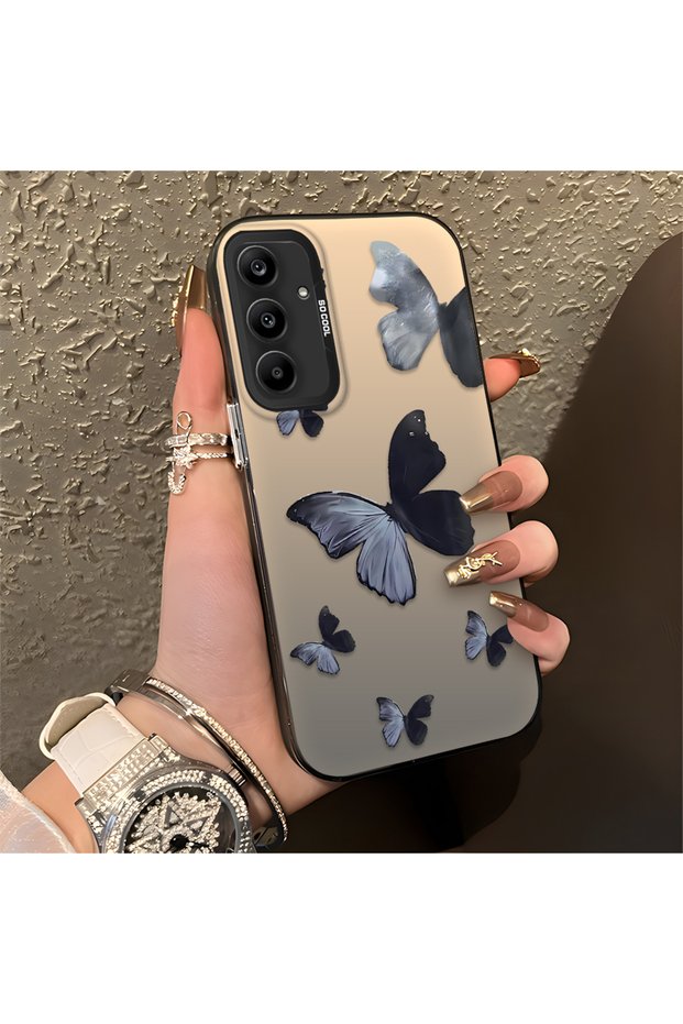 Samsung Galaxy A25 Compatible Black and Gray Butterfly Print Protective Case, with Impact Protection.