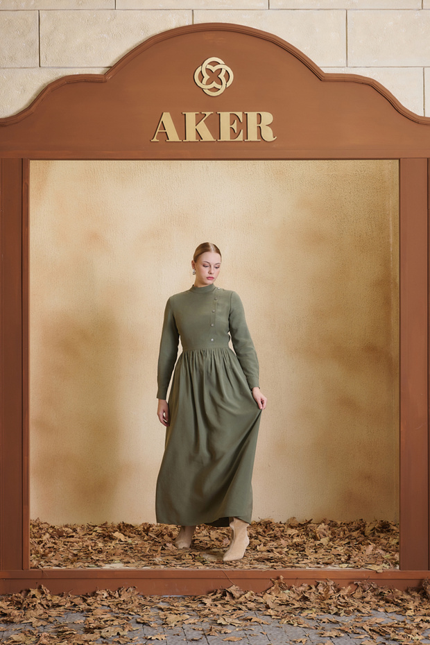 Khaki Dress with Detailed Waist and Ruched Design.