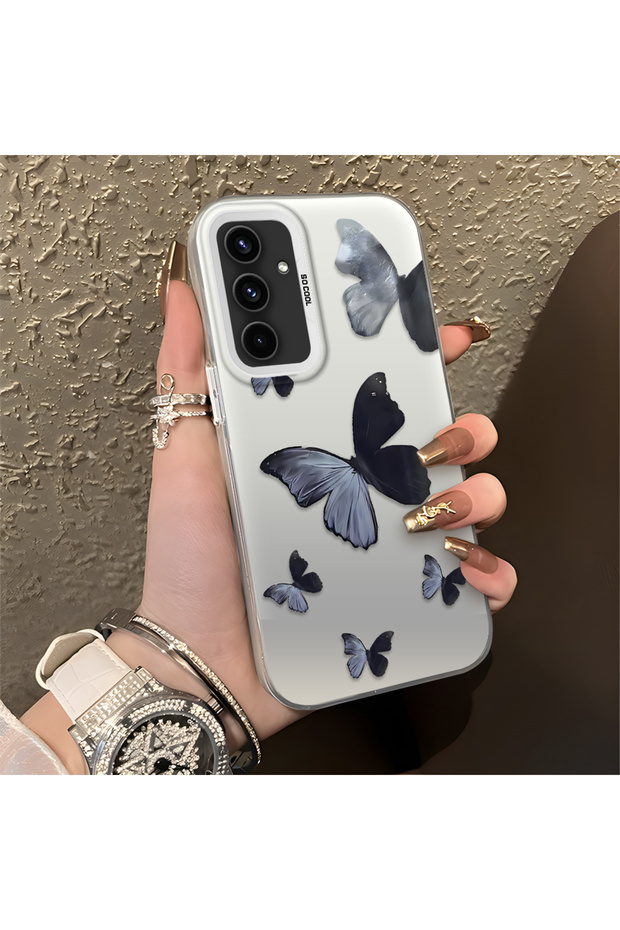 Samsung Galaxy A54 Compatible Black and Gray Butterfly Print Protective Case, with Impact Protection.