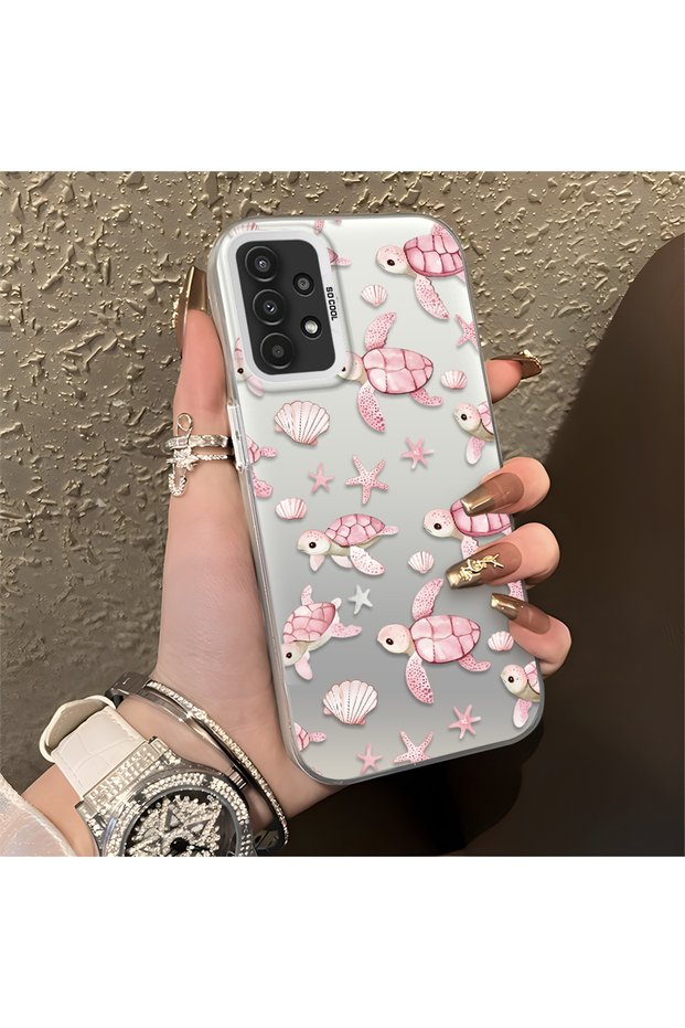 Samsung Galaxy A13 4G/5G Compatible Silicone Case with a Pink Turtle and Seashell Pattern, Featuring a Cute Design.