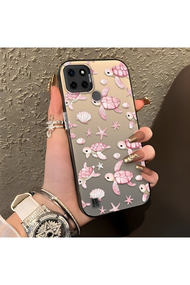 Pink Turtle and Seashell Patterned Silicone Case Compatible with Realme C21Y/C25Y, Featuring a Cute Design.