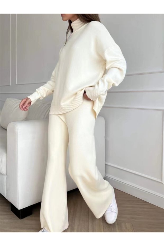 One Size WHITE Autumn Winter 2 Pieces Women Sets Knitted Tracksuit Turtleneck Sweater and Straight J