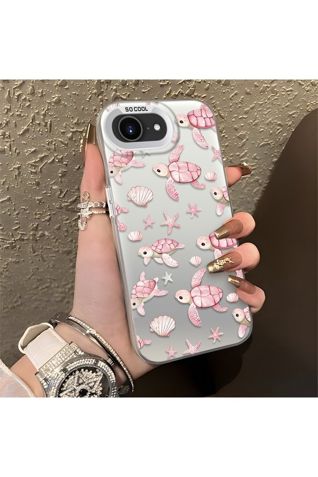 Pink Turtle and Seashell Patterned Silicone Case Compatible with iPhone 16E, Featuring a Cute Design.