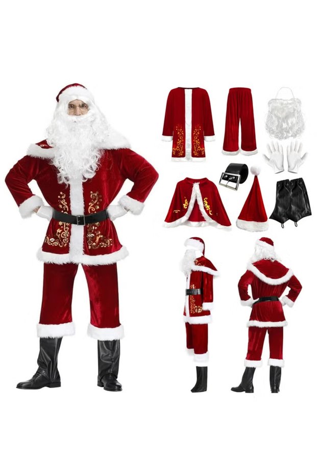 8PCS Adult Deluxe Velvet Santa Claus Costume Set, Christmas Men's Deluxe Santa Suit, Santa Claus Suit Outfit for Men in Christmas Holiday