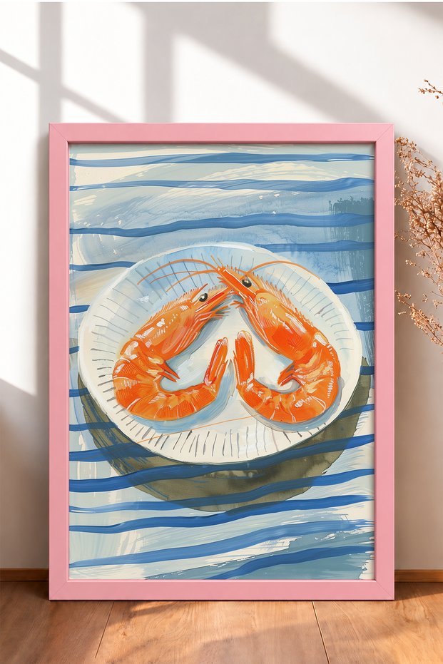Shrimp on a Plate on a Blue Striped Background, Framed Painting, Italy Poster, Wall Decor, Itp108.