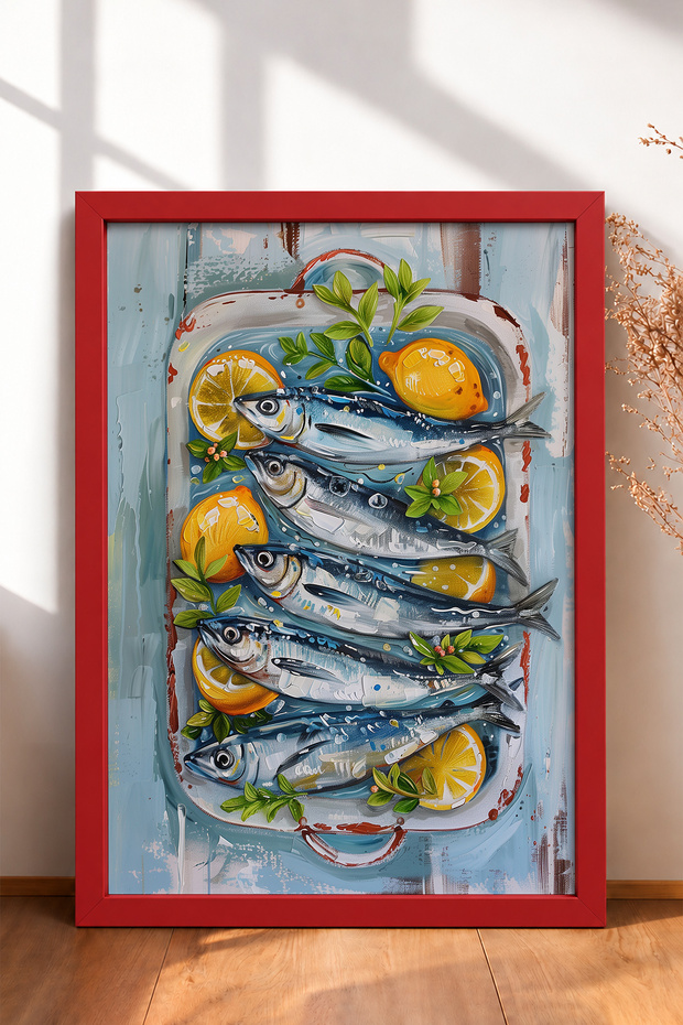 Sardines and Lemon Slices on a Tray, Framed Picture, Italy Poster, Wall Decor, Itp117.