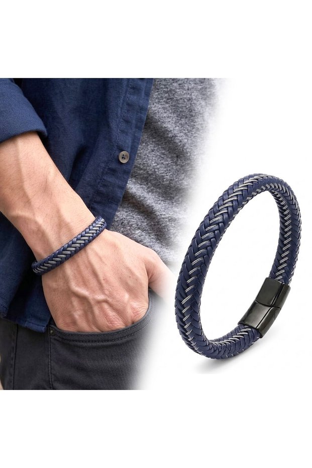 💎 Premium Boğaz – Steel Cord Braided Navy Blue Leather Men's Bracelet - Titanium Clasp 31833B4D21 - 21 cm
