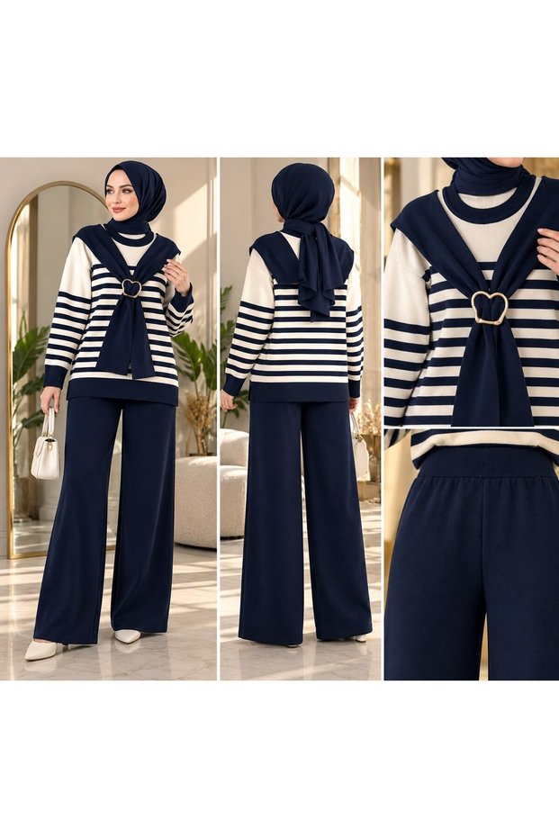 Women's hijab shawl detailed striped knitwear pantsuit navy blue