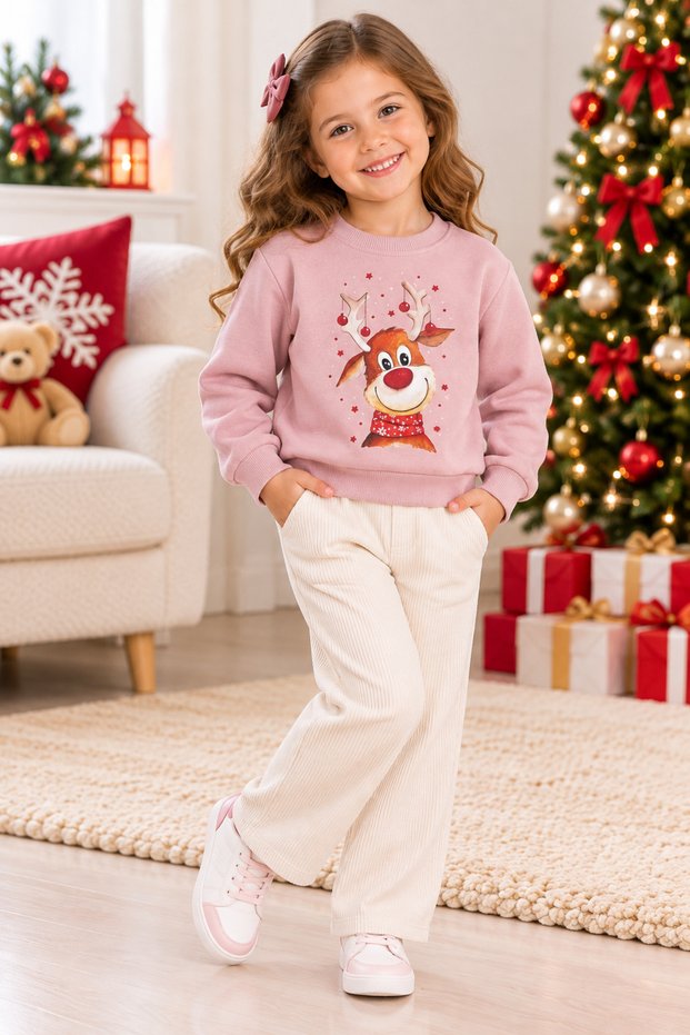 Girls' Sweatshirt with a Christmas Reindeer Print.