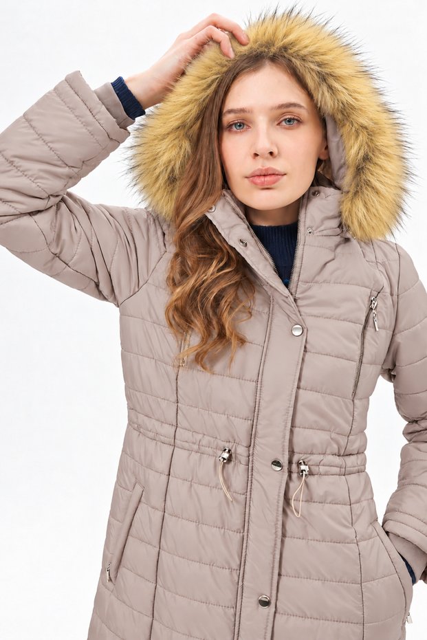Faux Fur Anorak Coat with Baklava Pattern, Smoke Grey, 27308.