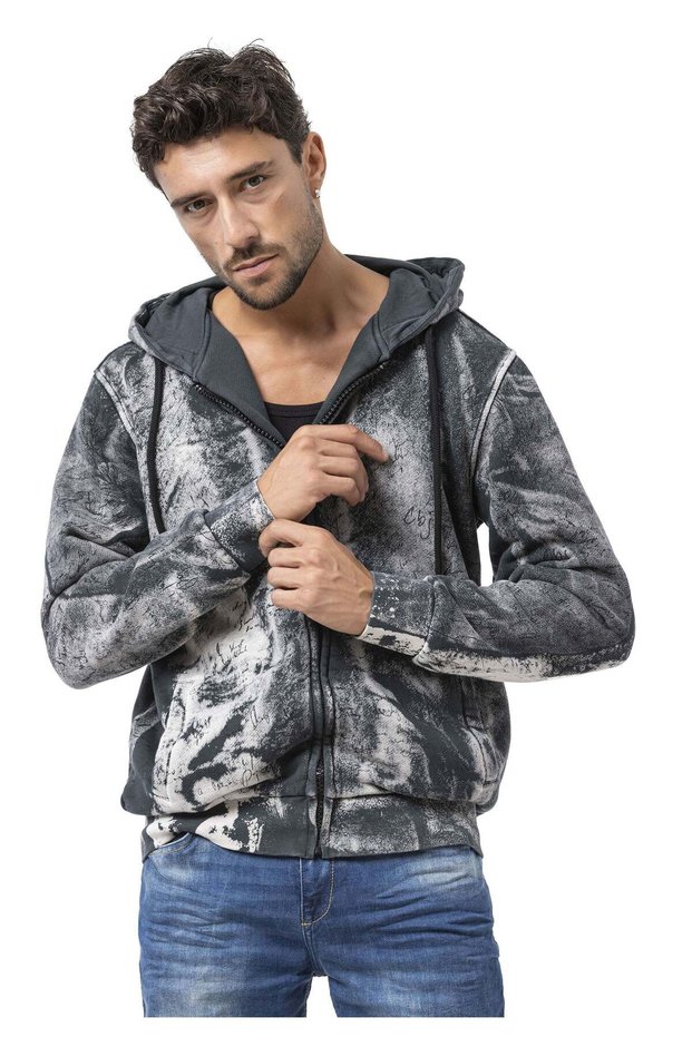 Men's Zippered Hooded Washed Patterned Sweatshirt Jacket Cl594