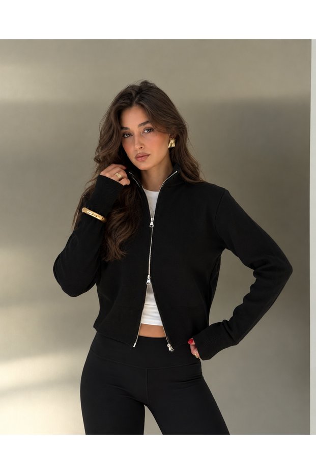 Black Zippered Knit Cardigan - 0105