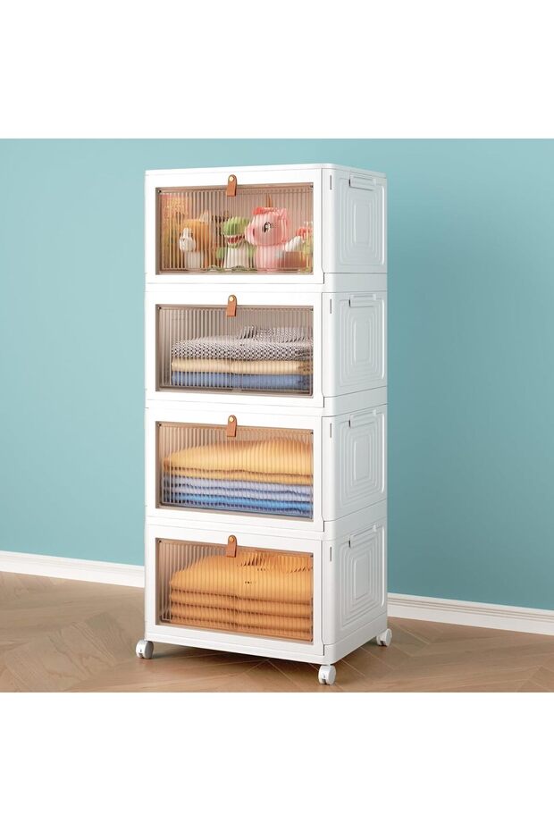 Storage Cabinet 4 Tier, Plastic Storage Bins with Wheels and Lid, Foldable Stackable Moveable Storag