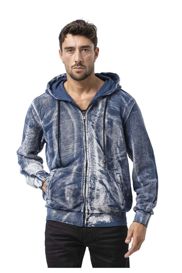 Men's Zippered Hooded Washed Patterned Sweatshirt Jacket Cl594
