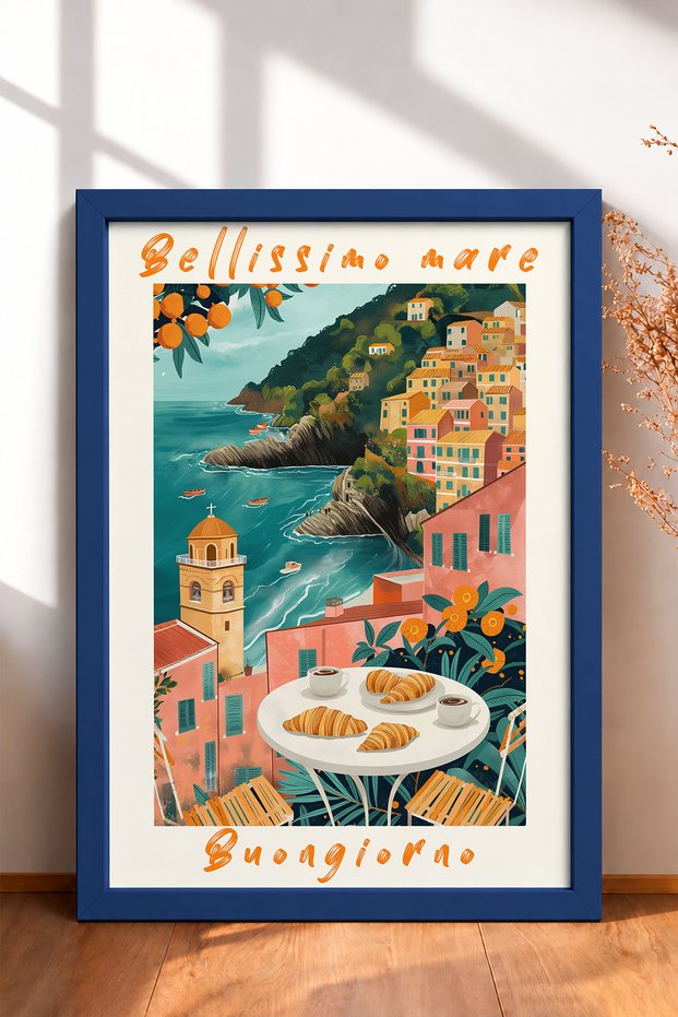 Bellissimo Mare Scenic Breakfast Framed Painting Italy Poster Living Room Kitchen Wall Decor Itp133