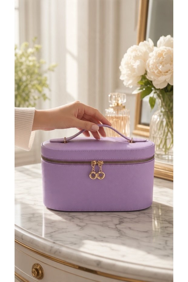 Large Capacity Makeup and Accessory Organizer Box with Mirror | Leather-Look Organizer 27*14*14 Lilac