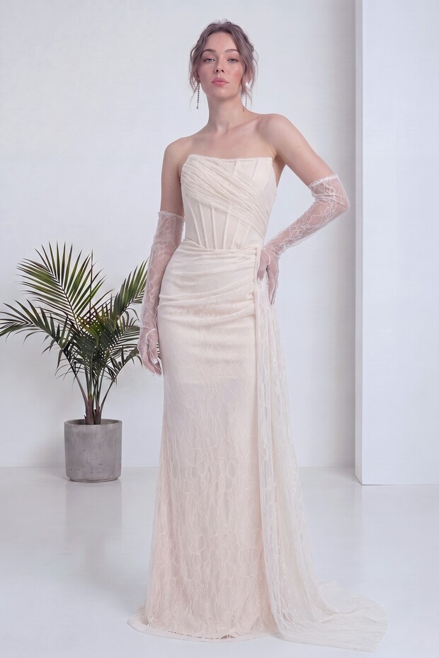 Women's Long Evening Dress with Lace Details and Sleeves, Available in Brown, White, Ecru, Navy Blue, and Mint Green.