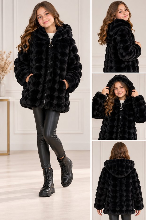 Girls' Plush Fur Coat, Hooded, Zippered, with Pom-Poms, Soft Textured, Thick Winter Jacket.