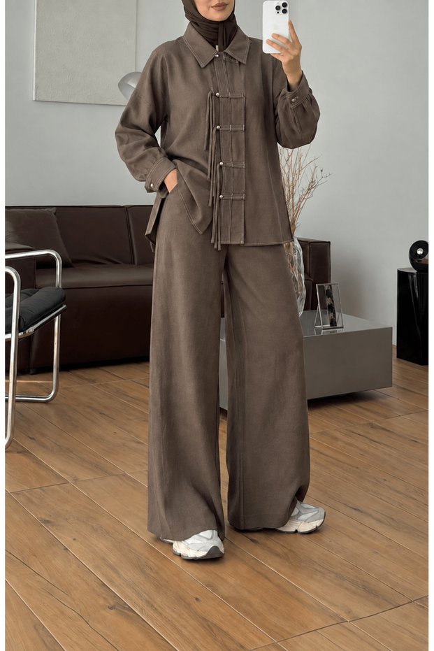 Brit Button-Down Denim Suit with Trousers - 4554 - Khaki