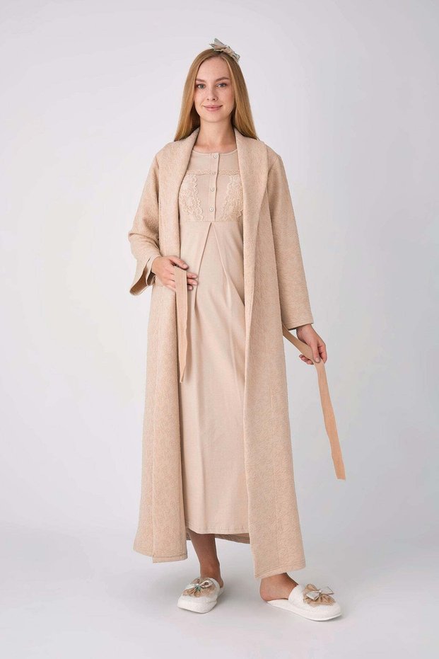 Maternity and Postpartum Nightgown Set, 2-Piece, with Lace Panels, Buttoned, Nursing-Friendly, Jacquard Fabric.