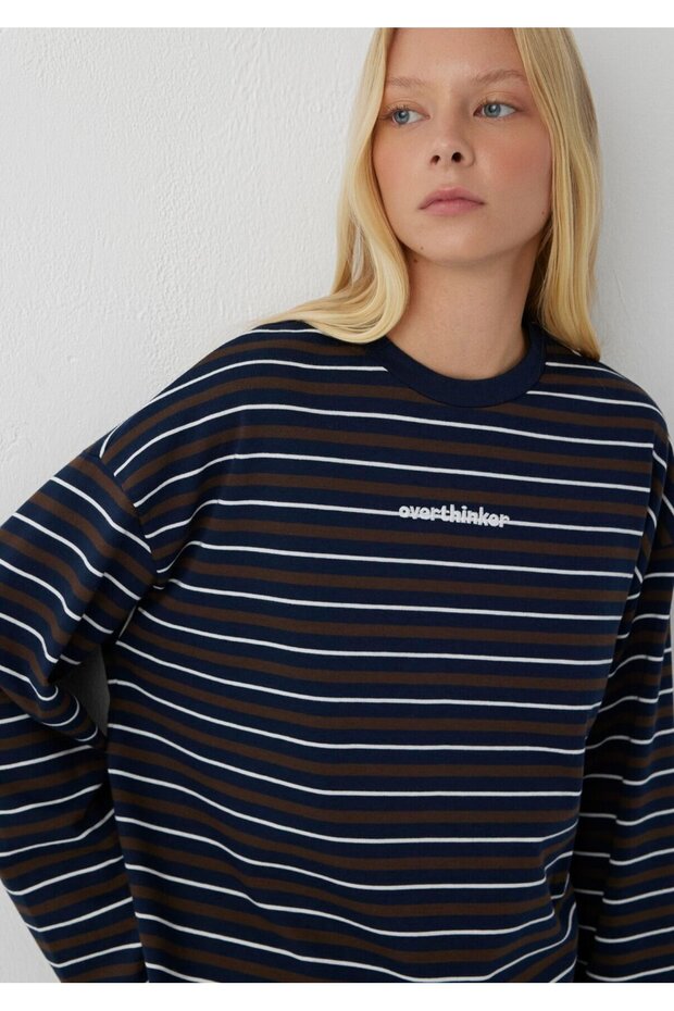 Slogan Printed Striped Navy Blue T-Shirt 1620082-A6700