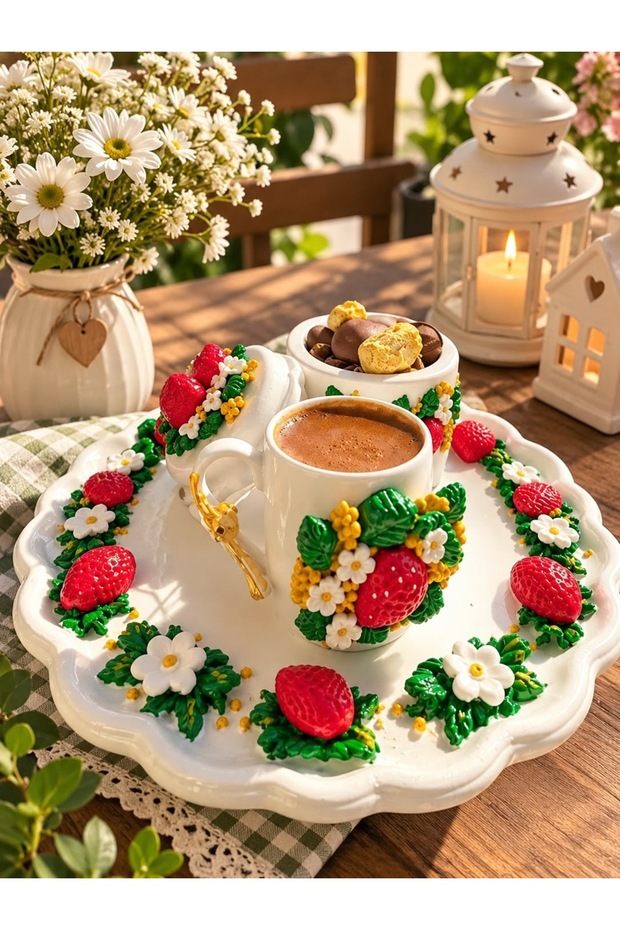 Handmade Design 3D Turkish Coffee Cup Set with Strawberry & Daisy Figurines – Perfect for Presentation and as a Gift.