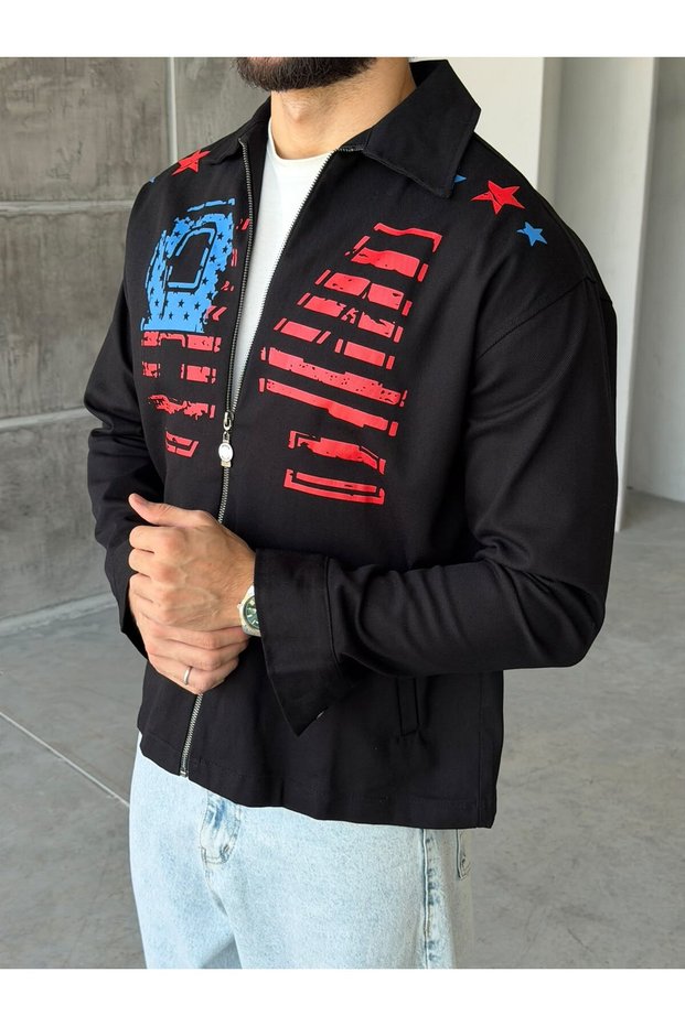 Graphic Printed Shirt Collar Zipper Jacket t Black