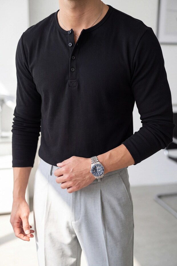 Men's Black Henley Collar Three-Button Ribbed Regular Fit Slim Sweatshirt.