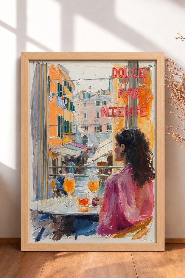 Dolce Far Niente, Coffee Shop with Women, Framed Painting, Italy Poster, Living Room, Kitchen, Wall Decor, Itp151.