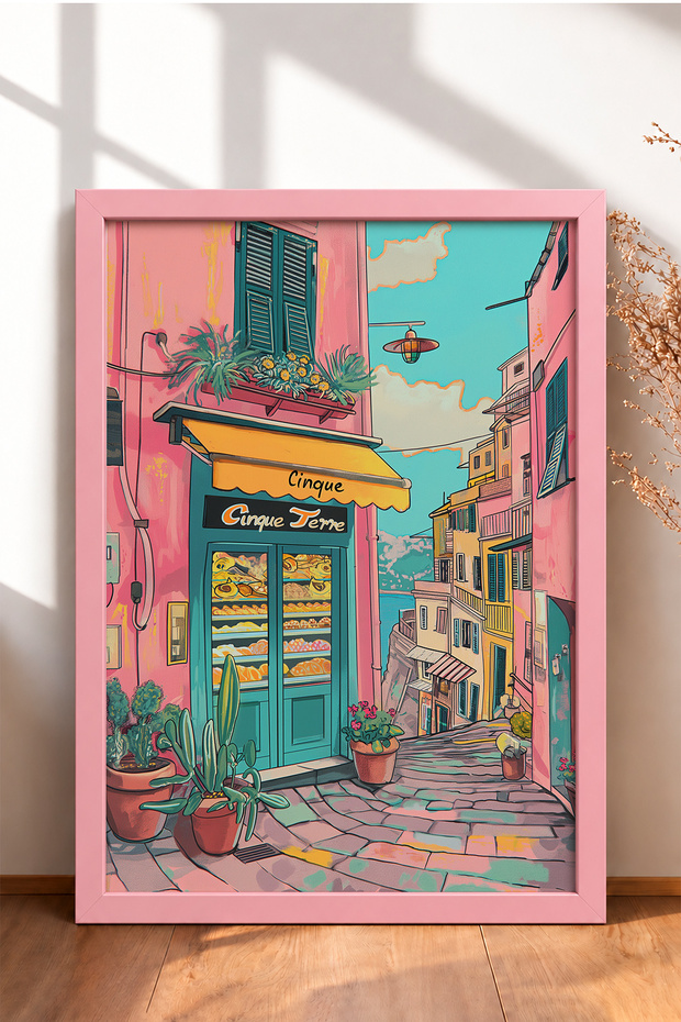 Cinque Terre Pastanesi and Stone Street Framed Painting, Italy Poster, Living Room, Kitchen, Wall Decor, Itp157.