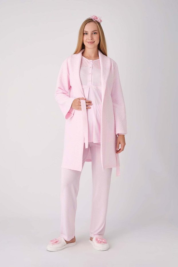 Maternity Pajama Set, 3-Piece Set, Lace Robe, Buttoned Nursing Robe, Jacquard Fabric.
