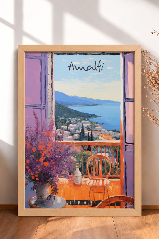 Amalfi Balcony View and Purple Flowers Framed Painting, Italy Poster, Wall Decor, Itp161.