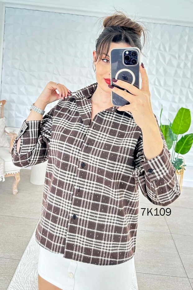 Stone Detailed Plaid Lumberjack Shirt 7K109