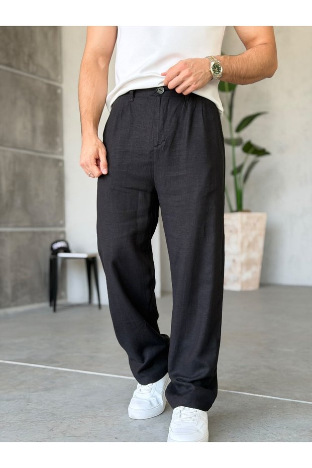 Linen Fabric Pleated Baggy Pants t Black