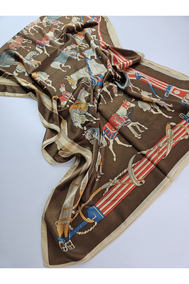 Luxury Voile Silk Scarf with Horse and Belt Pattern, Double-Sided, 70 X 180 Cm.