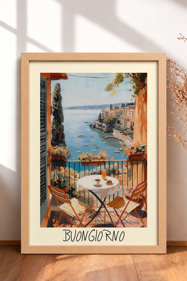 Buongiorno Floral Balcony Breakfast Framed Painting Italy Poster Living Room Kitchen Wall Decor Itp164