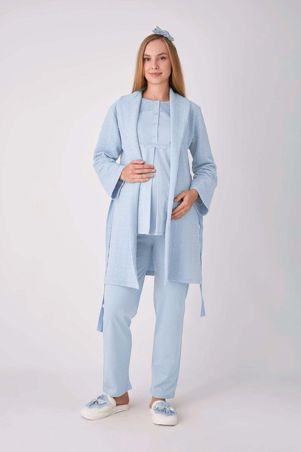 Maternity Pajama Set, 3-Piece Set, Lace Robe, Buttoned Nursing Robe, Jacquard Fabric.