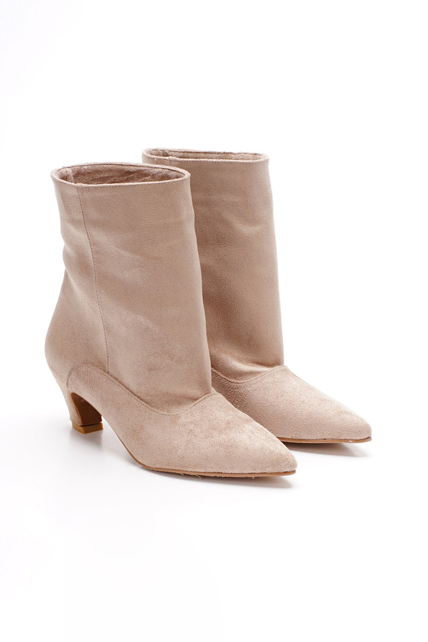 Women's Suede Short Ankle Boots with a Slim Heel and Pointed Toe.