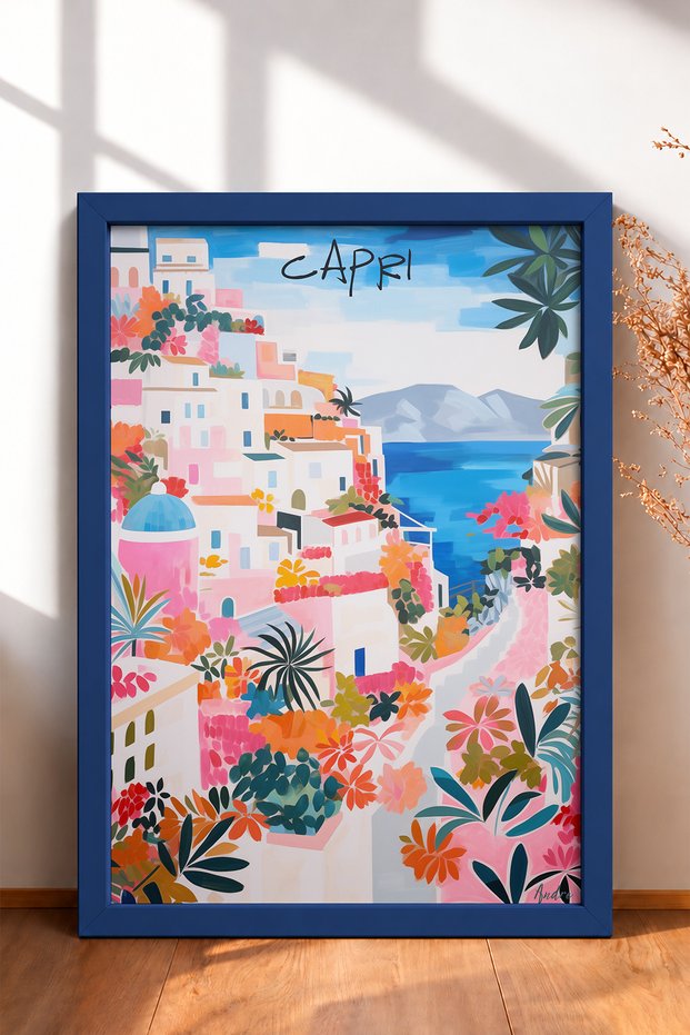 Floral White Houses on the Capri Slope – Framed Painting, Italy Poster, Living Room, Kitchen, Wall Decor, Itp166.