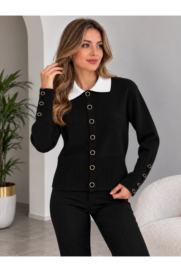 Women's Shirt Collar Stylish Button Detailed Cardigan Sweater