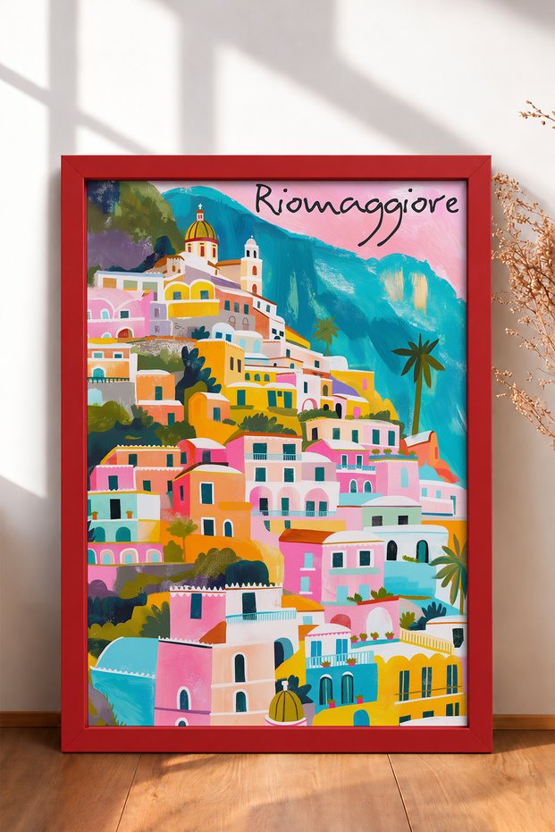 Riomaggiore Pastel-Colored Houses Framed Painting, Italy Poster, Living Room, Kitchen, Wall Decor, Itp159.