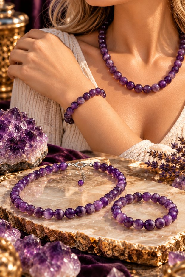 Amethyst Natural Stone Bracelet and Necklace Set, High Quality (Necklace 40 cm) (Bracelet Size Options Available)