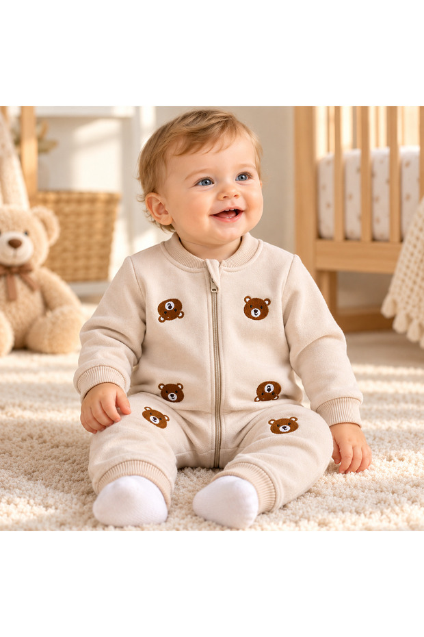 Winter Baby Romper with a Teddy Bear Embroidery, a Brushed Lining, and a Zipper – 100% Cotton.
