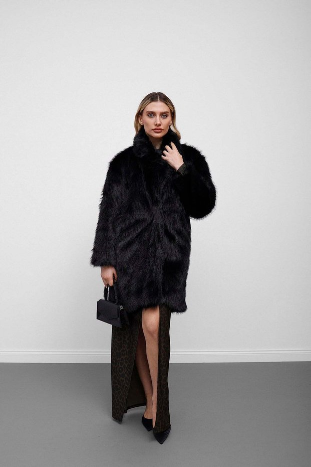 Black Jacket-Style, Single-Button, Long-Haired Faux Fur Coat with Fur-Trimmed Trim