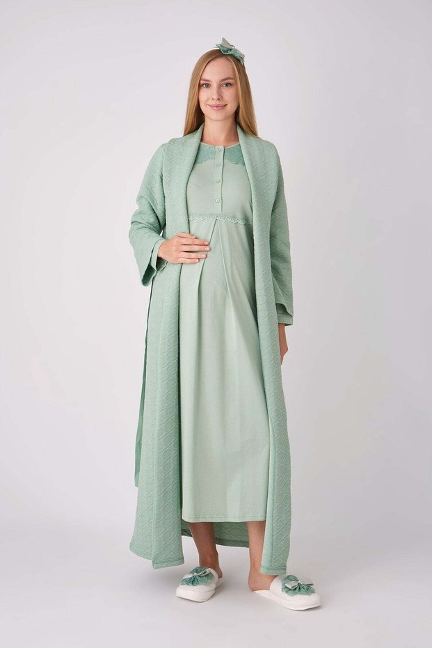 Maternity Lohosa Nightgown and Robe Set, 2-Piece, Lace Robe with Buttons, Nursing Robe, Jacquard.