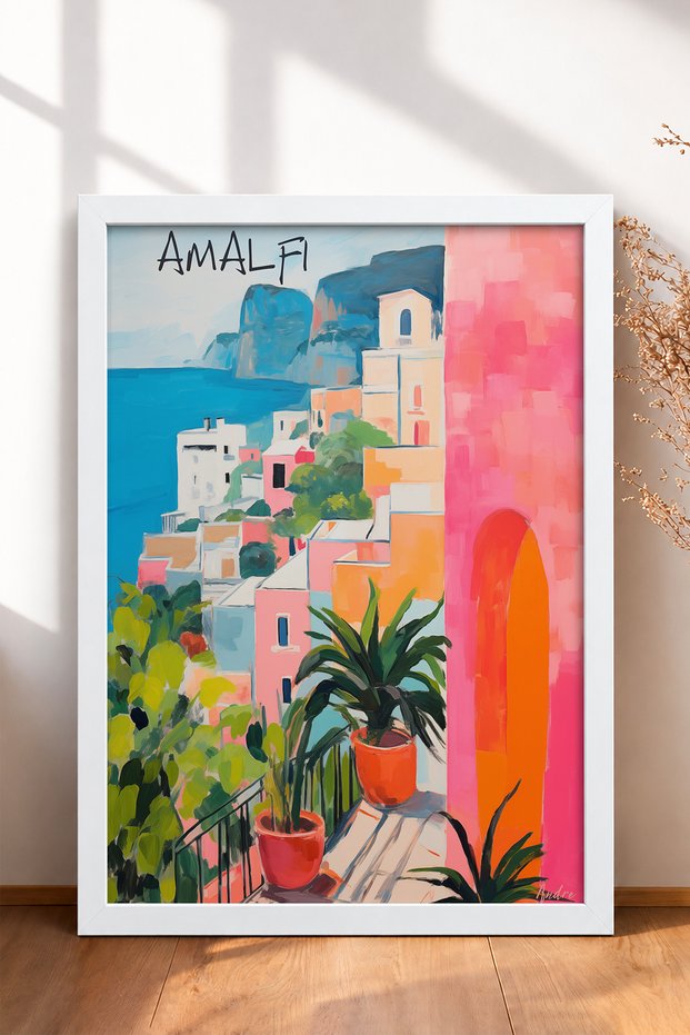 Amalfi Pink Belt and Potted Plant on a Terraced Frame – Italy Poster – Living Room, Kitchen, Wall Decor – Itp162