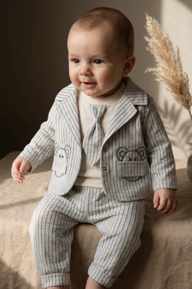 Boys' Striped Bear-Embroidered 3-Piece Outfit with Jacket for Special Occasions - 100% Cotton Birthday Set.