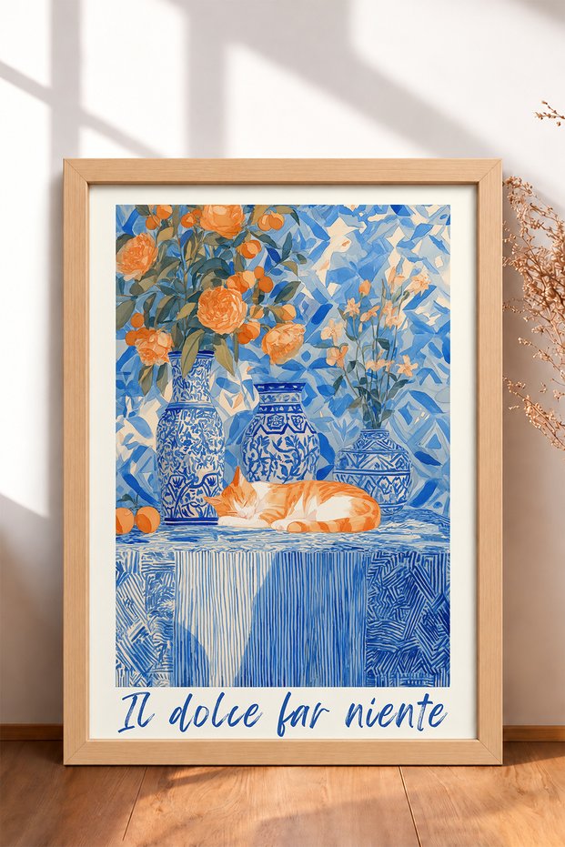 The Dolce Far Niente Sleeping Cat Framed Painting, Italy Poster, Wall Decor, Itn017.