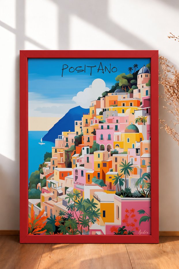 Positano Dome-Shaped Buildings and Sailboat Framed Poster, Italy Poster, Living Room, Kitchen, Wall Decor, Itp194.
